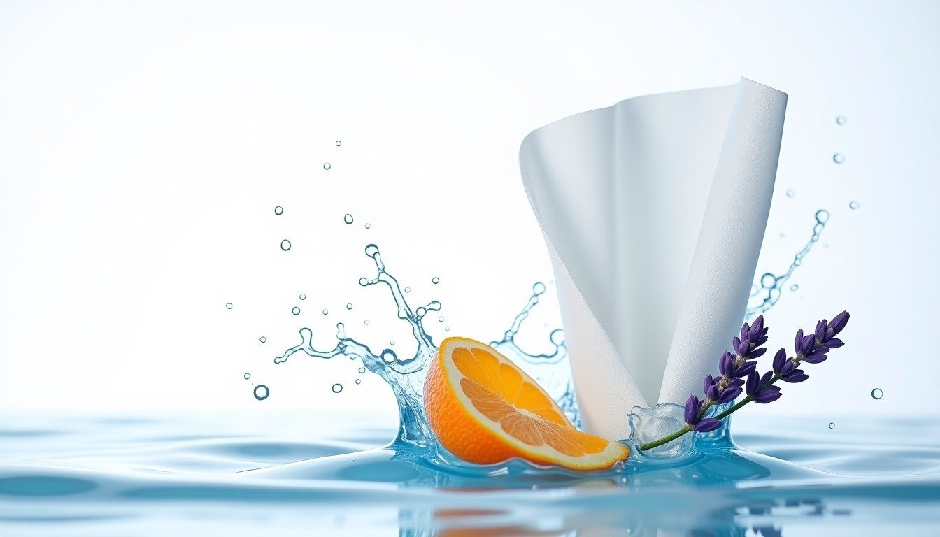 Wet wipe among water and fragrance notes