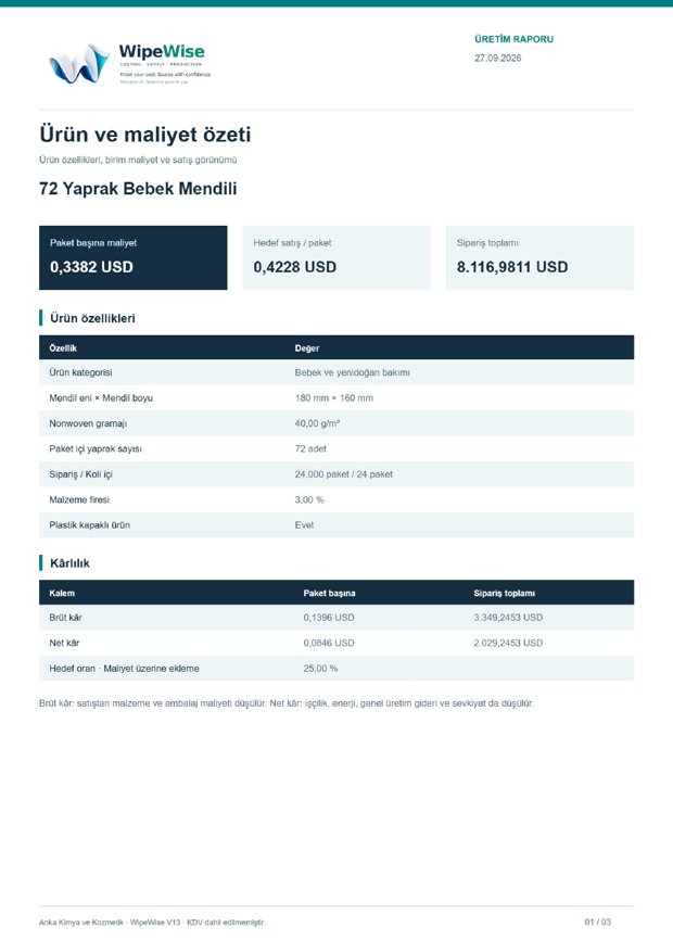 WipeWise report page 1: product and cost summary