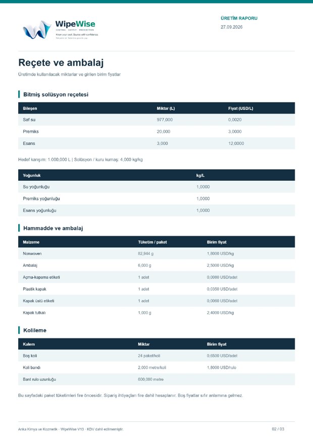 WipeWise report page 2: recipe and packaging