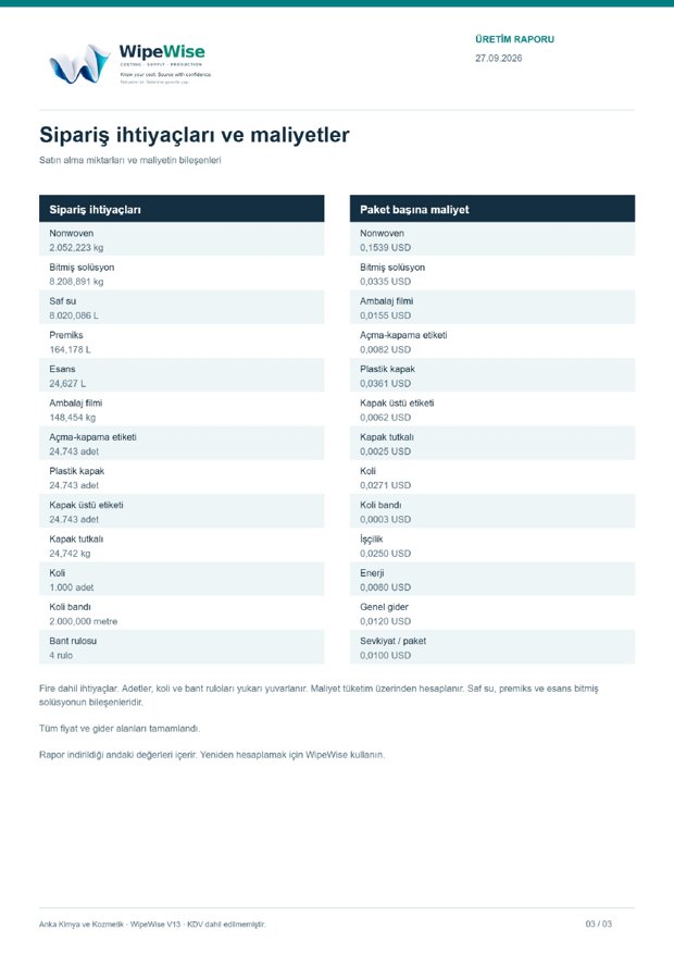 WipeWise report page 3: order requirements and costs